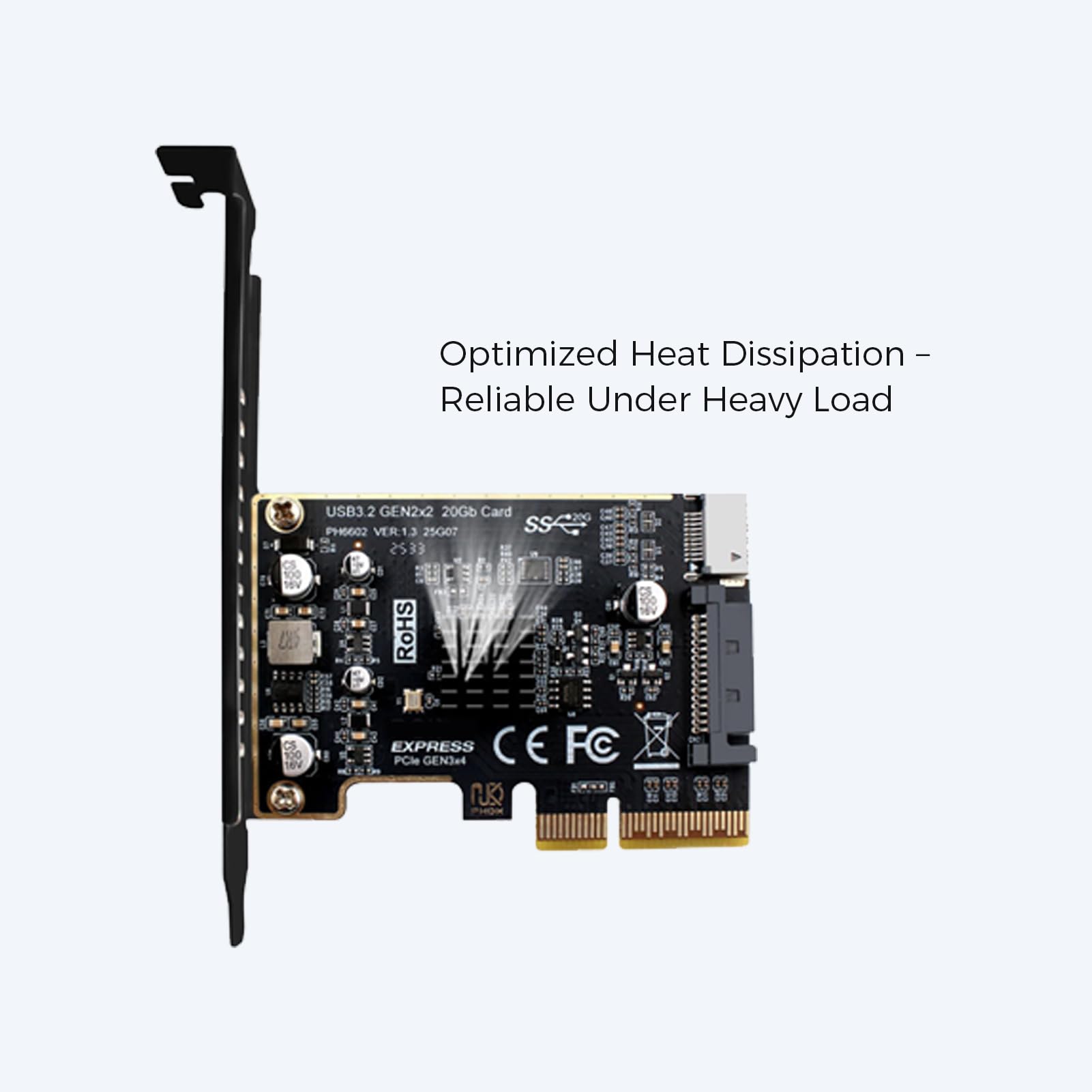 Karta rozszerzeń PCIe PH6602 na USB 3.2 Gen 2x2, Adapter Przedniego Gniazda 20 Gb/s Typu E z Kluczem A, Wewnętrzny Konwerter Typu C z 15-pinowym Złączem Zasilania SATA ASM3242