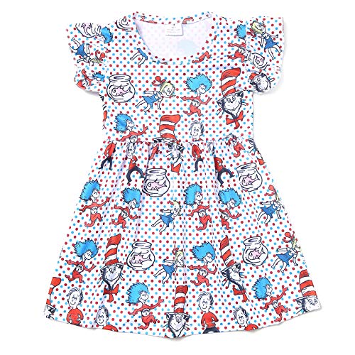 Image of Toddler Girls Cat Pattern Dress Cartoon Twirl Dress Flutter Sleeve Clothes 3-4T