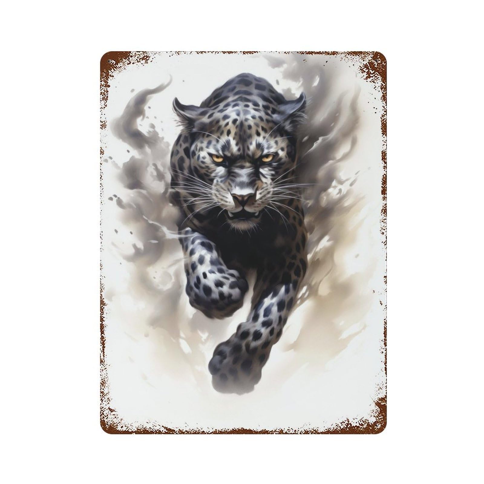 Rust Effect Running Black Cheetah Aged Metal Wall Plaque 15.7"x11.8", Rustic Home Decor for Bistro, Counter And Cafe Decor