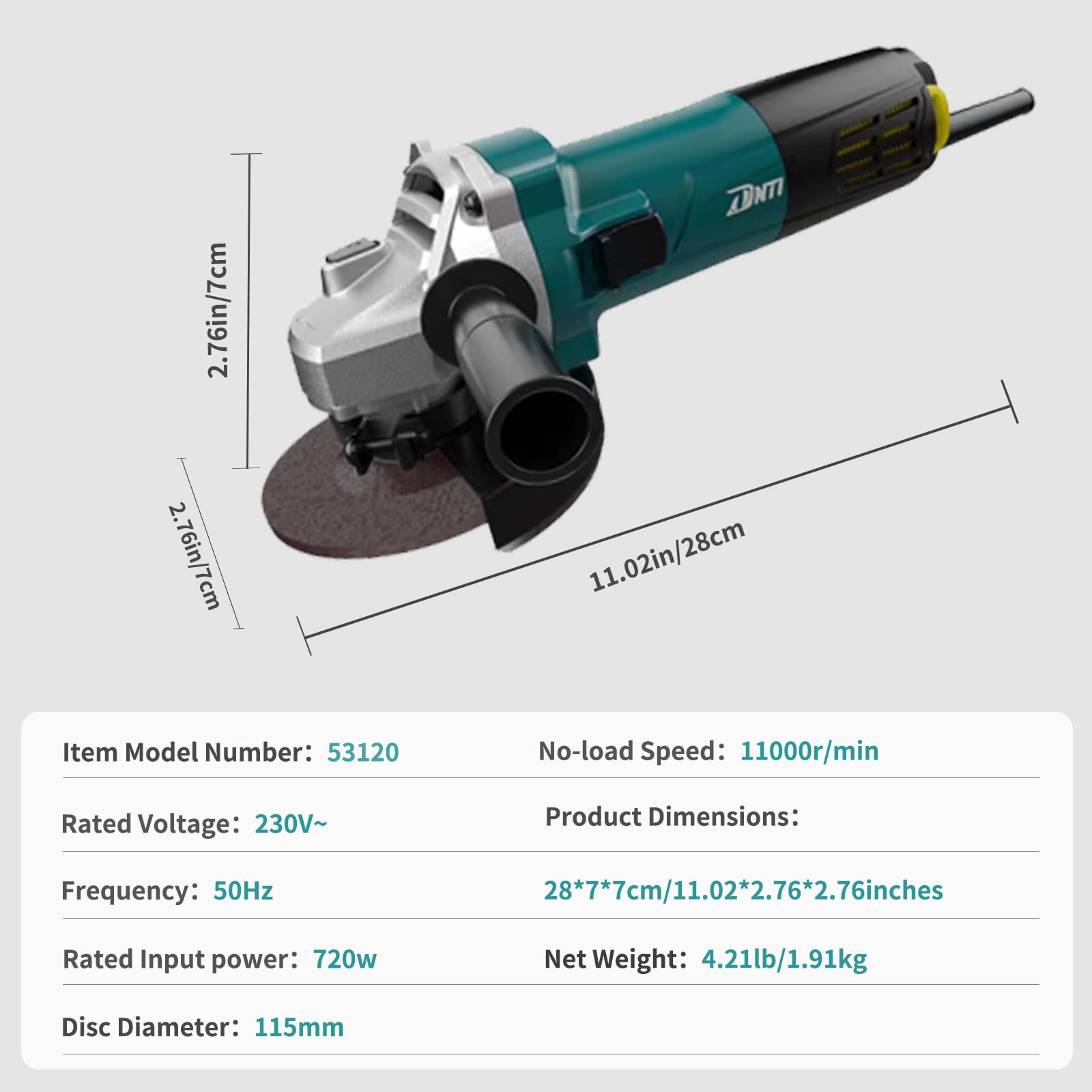 DNTI - Meuleuse d'angle 115 mm - Vitesse de rotation à vide : 11000 tr/min - Protection des disques - Tête d'engrenage en métal - Protection contre le redémarrage - Grinder d'angle pour polissage et