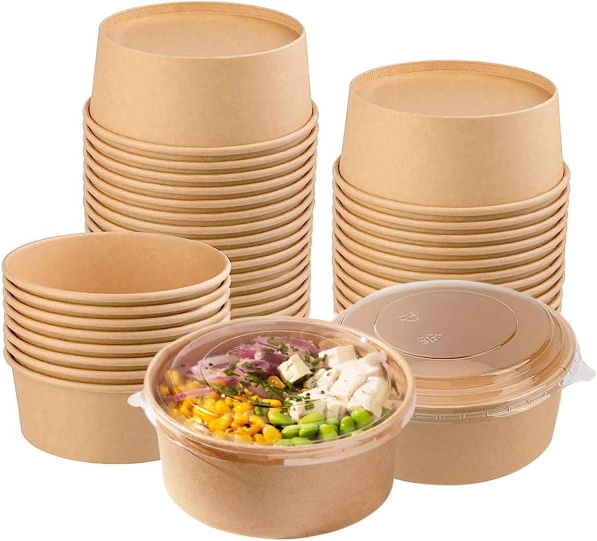 Encase Brown 50 X 500Ml / 18Oz Disposable Salad Bowls With Lids Freezer And Microwave Safe For Takeaway Kraft Food Container