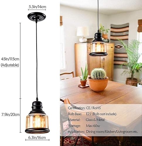 Miniatura 4 de Lámpara colgante de estilo rústico retro con pantalla de cristal integrada, lámpara de techo industrial para isla de cocina, mesa de comedor,