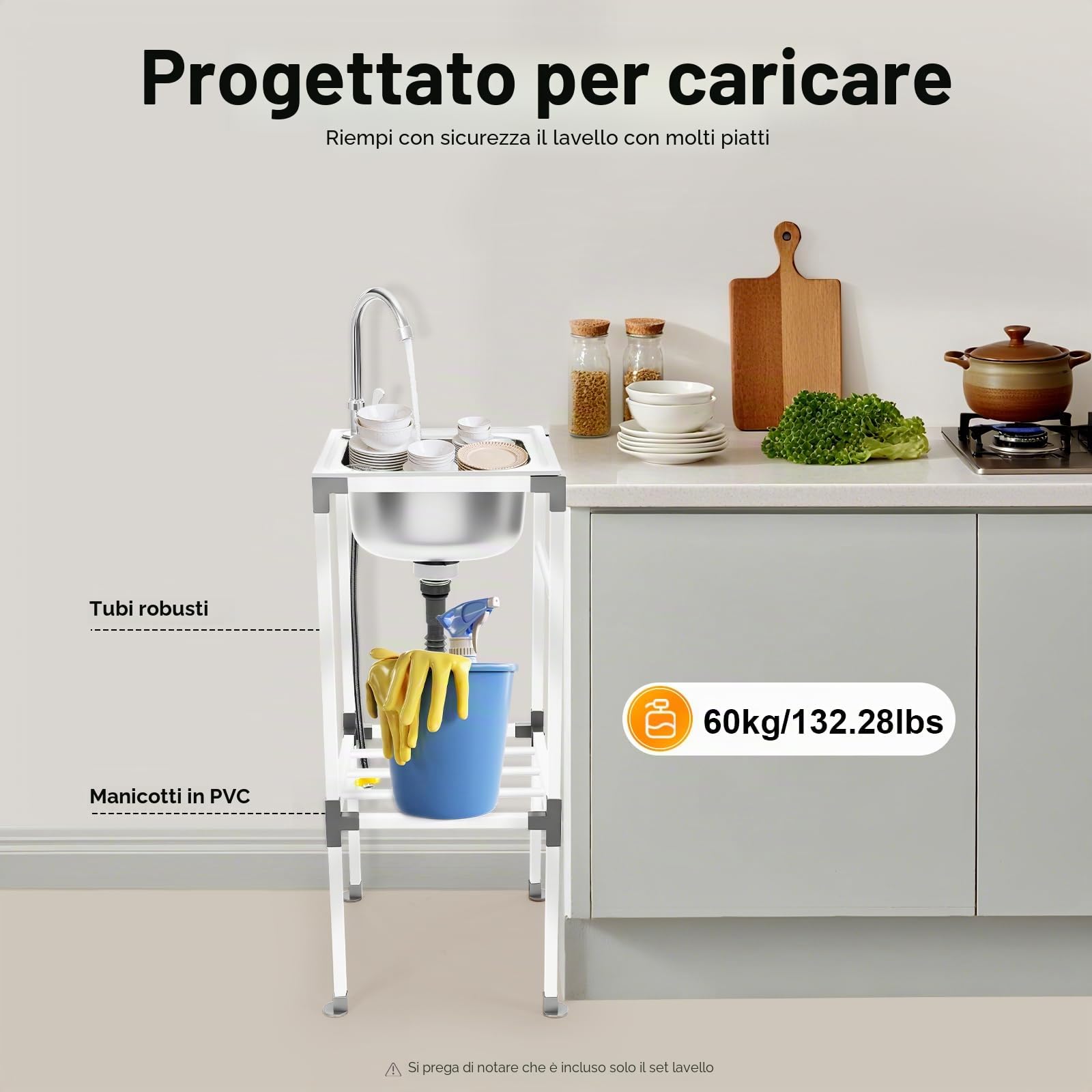 Lavando di cucina in acciaio inossidabile indipendente, multifunzione, lavandino da cucina con rubinetto acqua fredda, lavabo singolo mobile, per cucina, bagno, 38 x 33 x 83 cm, argento