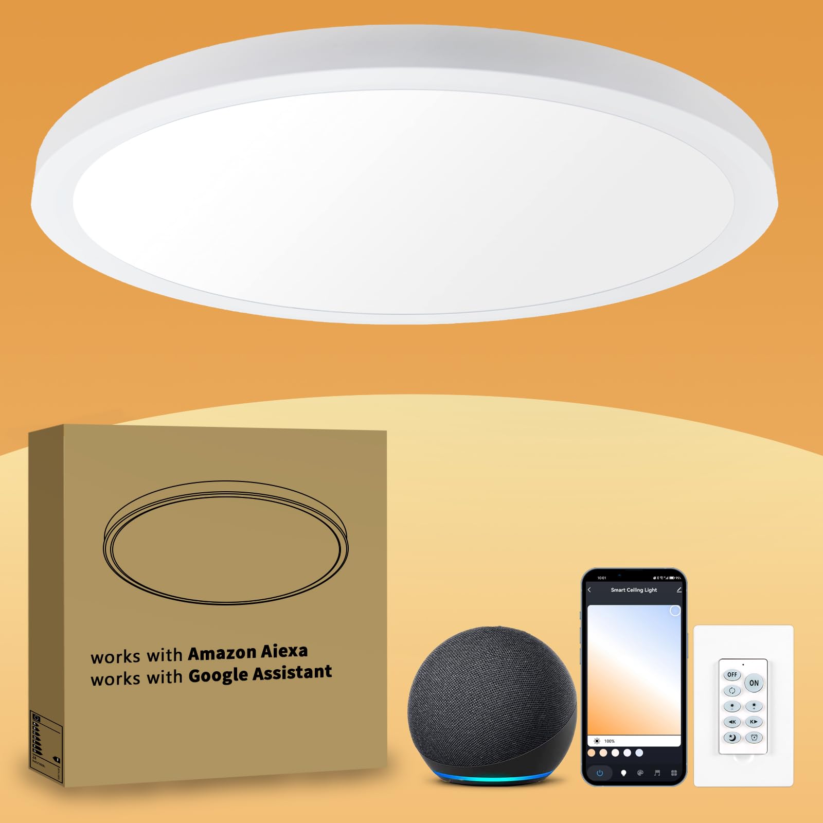 Dimmable LED Flush Mount Ceiling Light Fixture with Remote Control, Compatible with Alexa, 12Inch 18W 3000K-6500K Adjustable, LED Ceiling Light Fixture for Kitchen, Bedroom