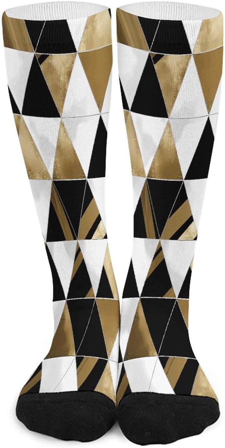 Fashion Modern Black White Gold Triangles Compression Socks for Man Women Breathable Knee High Tube Socks Baseball Football Sock Over The Calf Sock Circulation Support for Running Travel Athletic Dail
