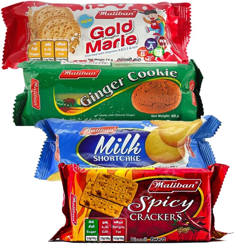 Maliban Biscuits Combo | Spicy Cream Crakers 85G | Milk Short Cake 80G | Gold Marie 75G | Ginger Nut 80G | Tea Time Snacks | Sri Lankan Origin