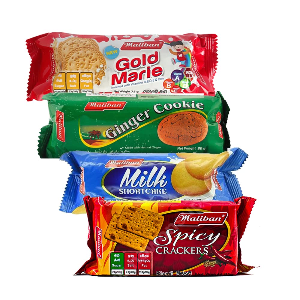 Maliban Biscuits Combo | Spicy Cream Crakers 85G | Milk Short Cake 80G | Gold Marie 75G | Ginger Nut 80G | Tea Time Snacks | Sri Lankan Origin