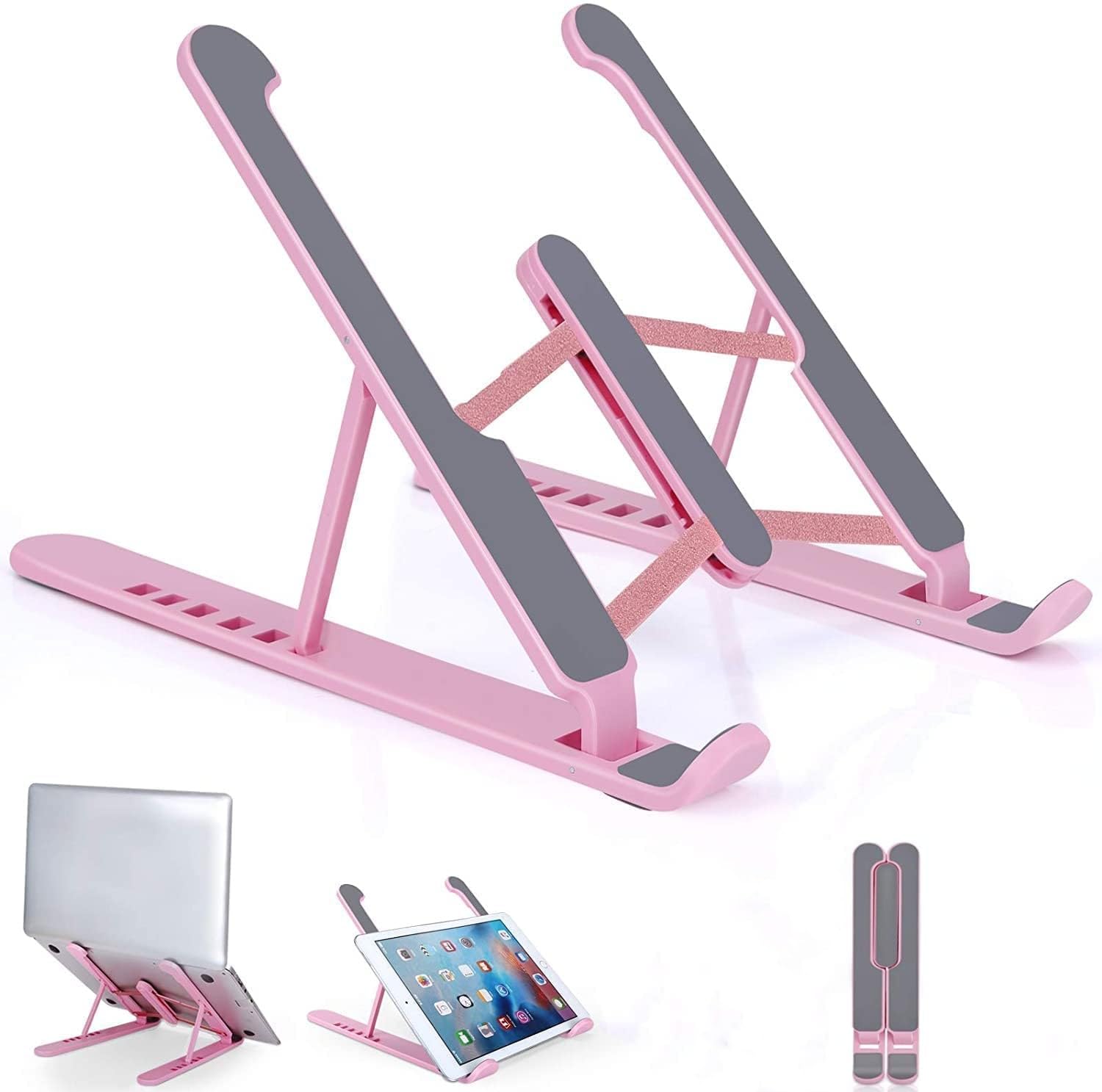 Pidien Portable Laptop Stand, Adjustable Laptop Holder Riser Computer Stand for Desk Notebook Stand Mount with Phone Stand (Pink)