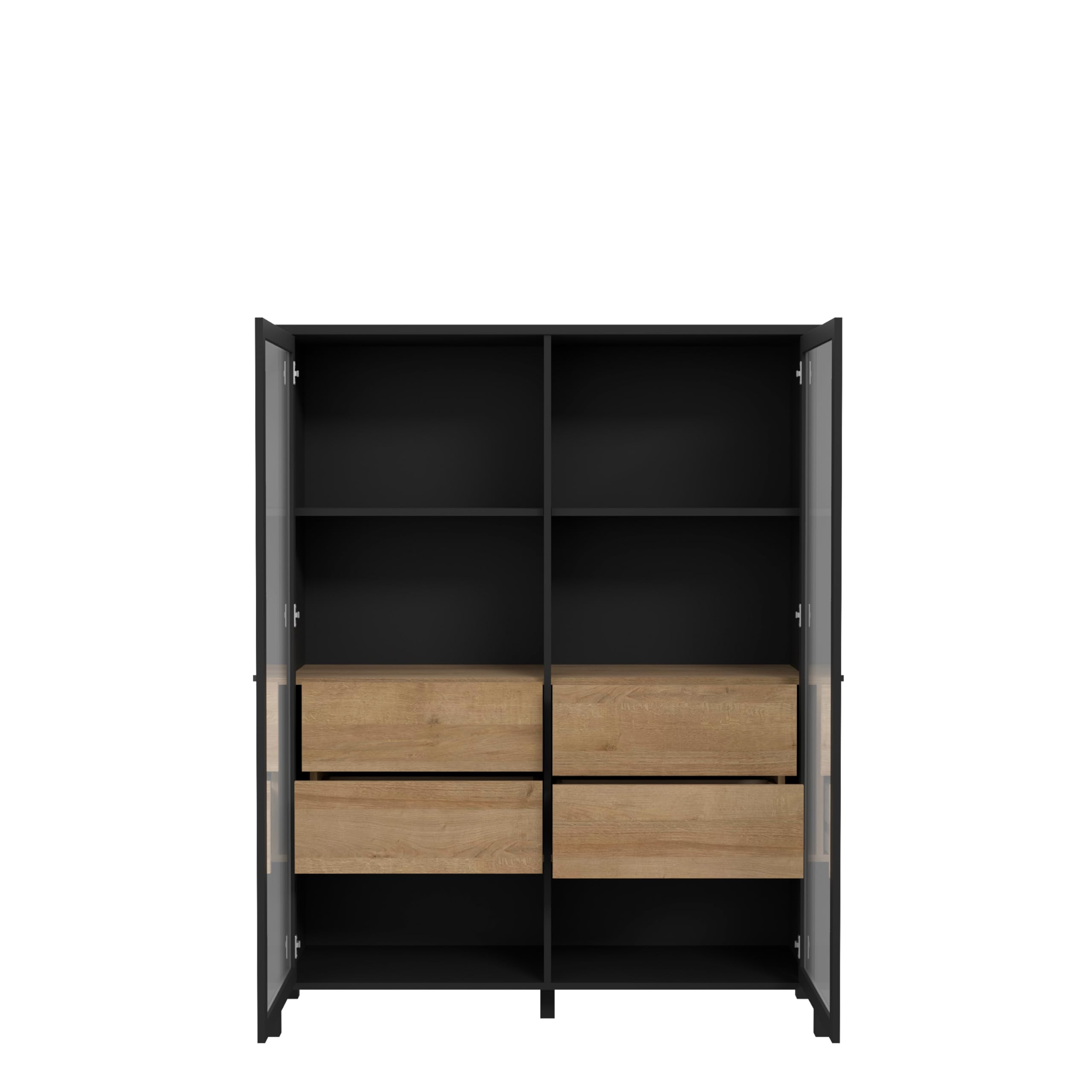Forte HIGH Rock Vitrine 120, Moderne Standvitrine, 2 Glastüren, Vitrinenschrank, Wohnzimmervitrine, Holzwerkstoff, Schwarz/Riviera Eiche Holzwerkstoff, 121,3 cm breit x 152,3 cm hoch x 40,2 cm tief