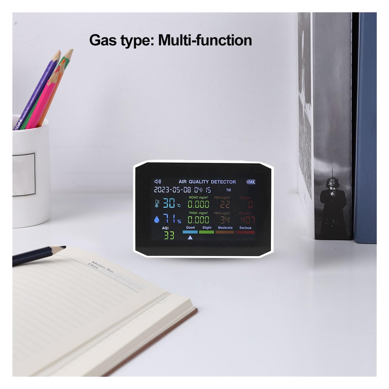 Monitor della qualità dell'aria, 10 in 1 monitor a qualità 'aria tester a formaldeide misuratore di umidità a temperatura a grande schermo allarme sonoro for interni(Noir)