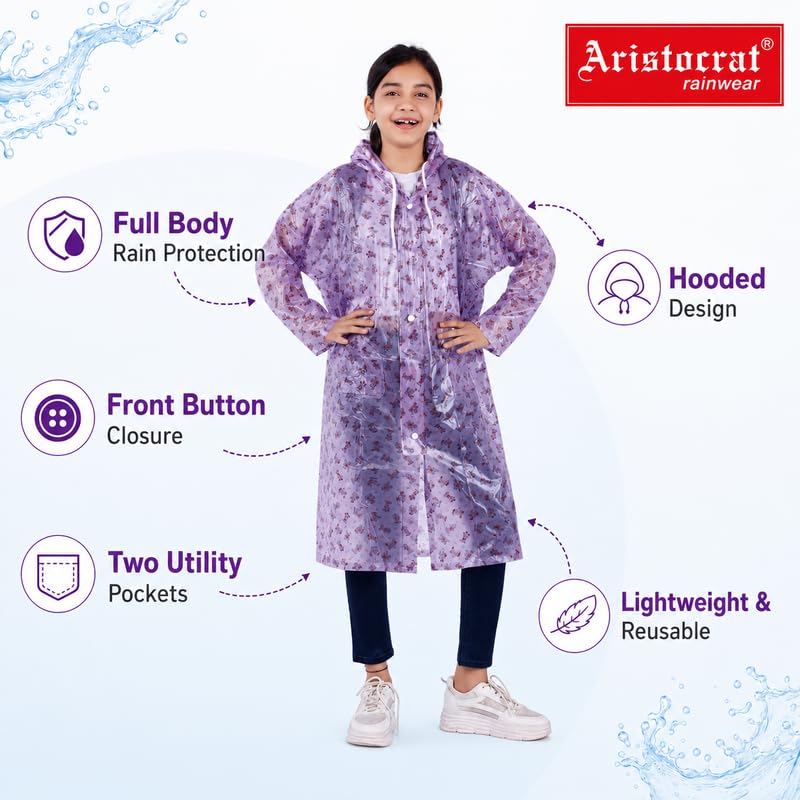 Image of Aristocrat Kids Humpty Dumpty Waterproof Raincoat with Hood | Knee Length Rainwear for Boys & Girls | Regular Fit Rain Jacket with Two Front Pockets | All-Weather Protection Rainwear