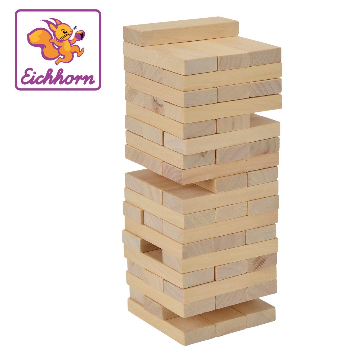 Eichhorn 100002466 Stacking Game, Skill Game for the Whole Family, Balance Tower Made of Untreated Wood, Wobble Tower 54 Pieces, Suitable from 5 Years