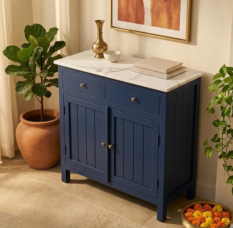 Image of Solid Wood Madrid Sideboard Cabinet (S) | Sideboard with Sintered Stone Top | Finish- Acrylic Midnight Blue