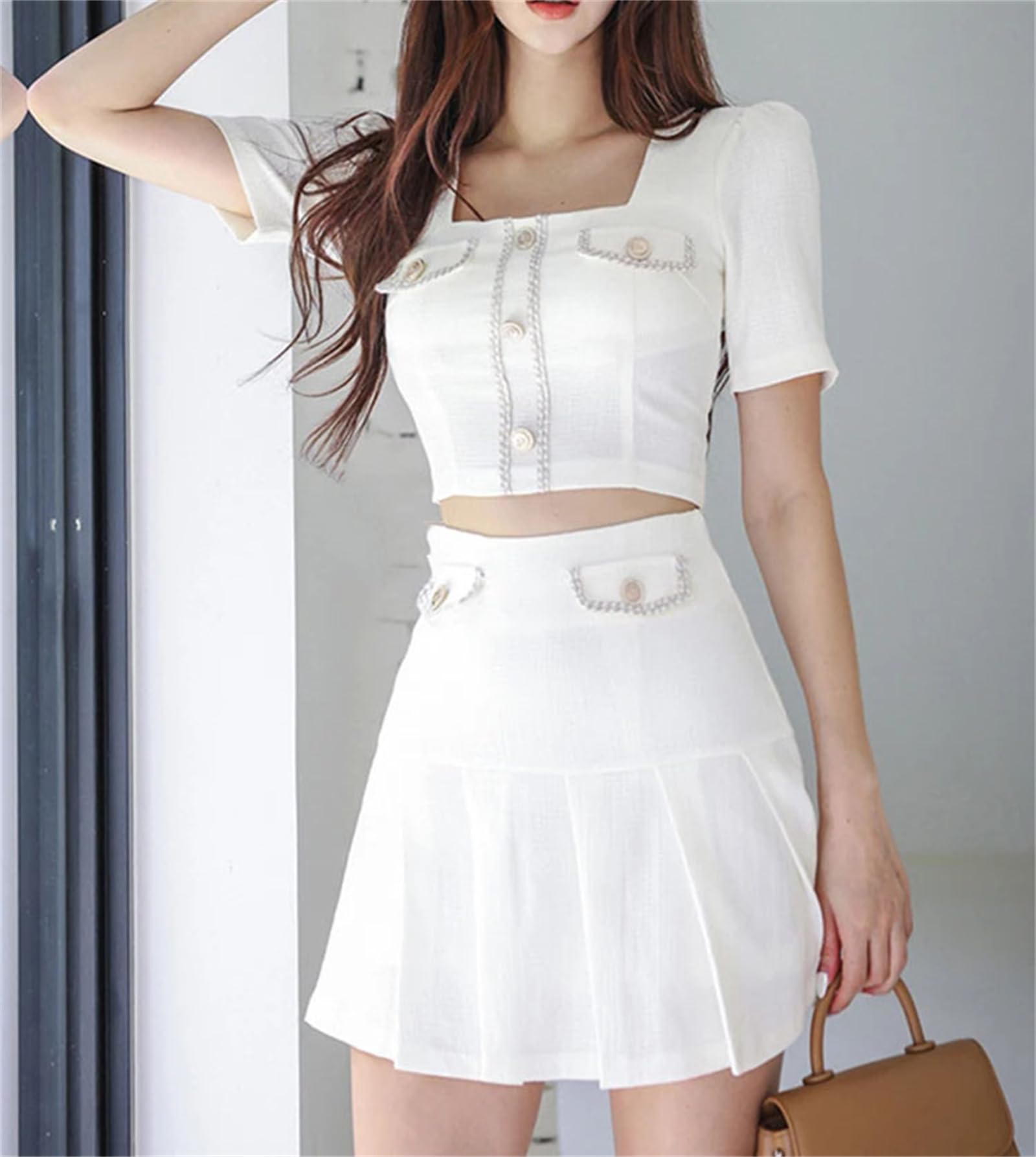 Falda de verano para mujer, casual, con botones, parte superior corta y elegante falda plisada acampanada