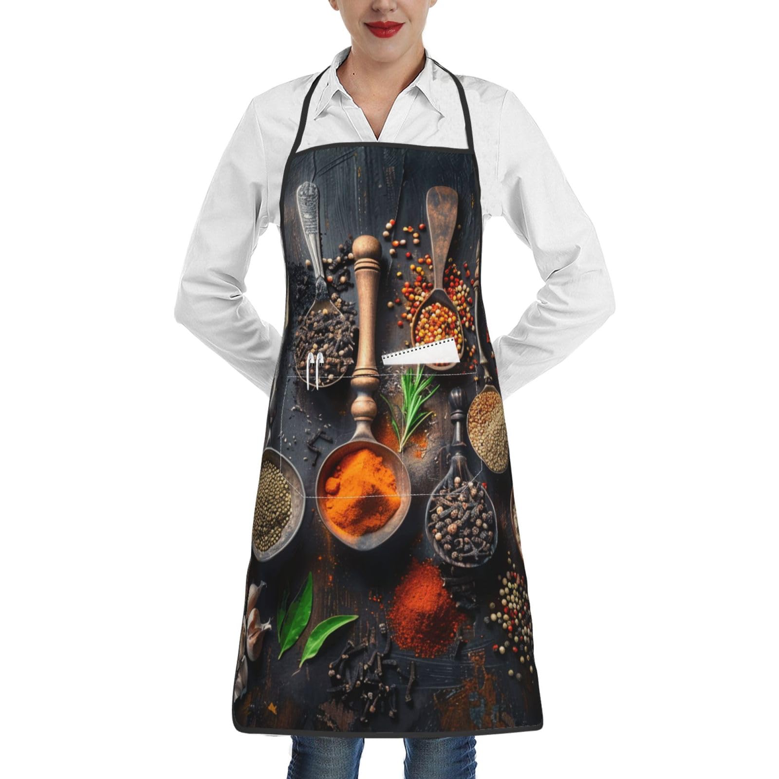 JKSEEPYN Spices Prints Kitchen Bib Aprons for Women Men, Home Kitchen Adjustable Chef Bakers Waterproof Cooking BBQ Apron with Pockets