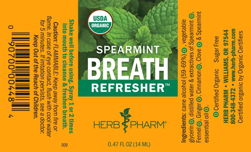 Herb Pharm Breath Refresher Certified Organic Herbal Fresh Breath Spray with Spearmint Essential Oil - 1/2 Ounce