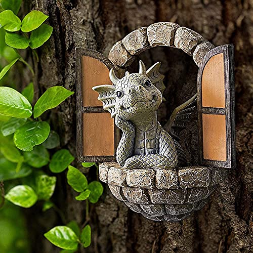 Bikontrun Garden Decoration Outdoor Dragon Statue - Lovely Garden Dragon Sculpture Resin Window Statue, Wall Art Deco Indoor Outdoor Decoration (Dragon Window) #TOP5