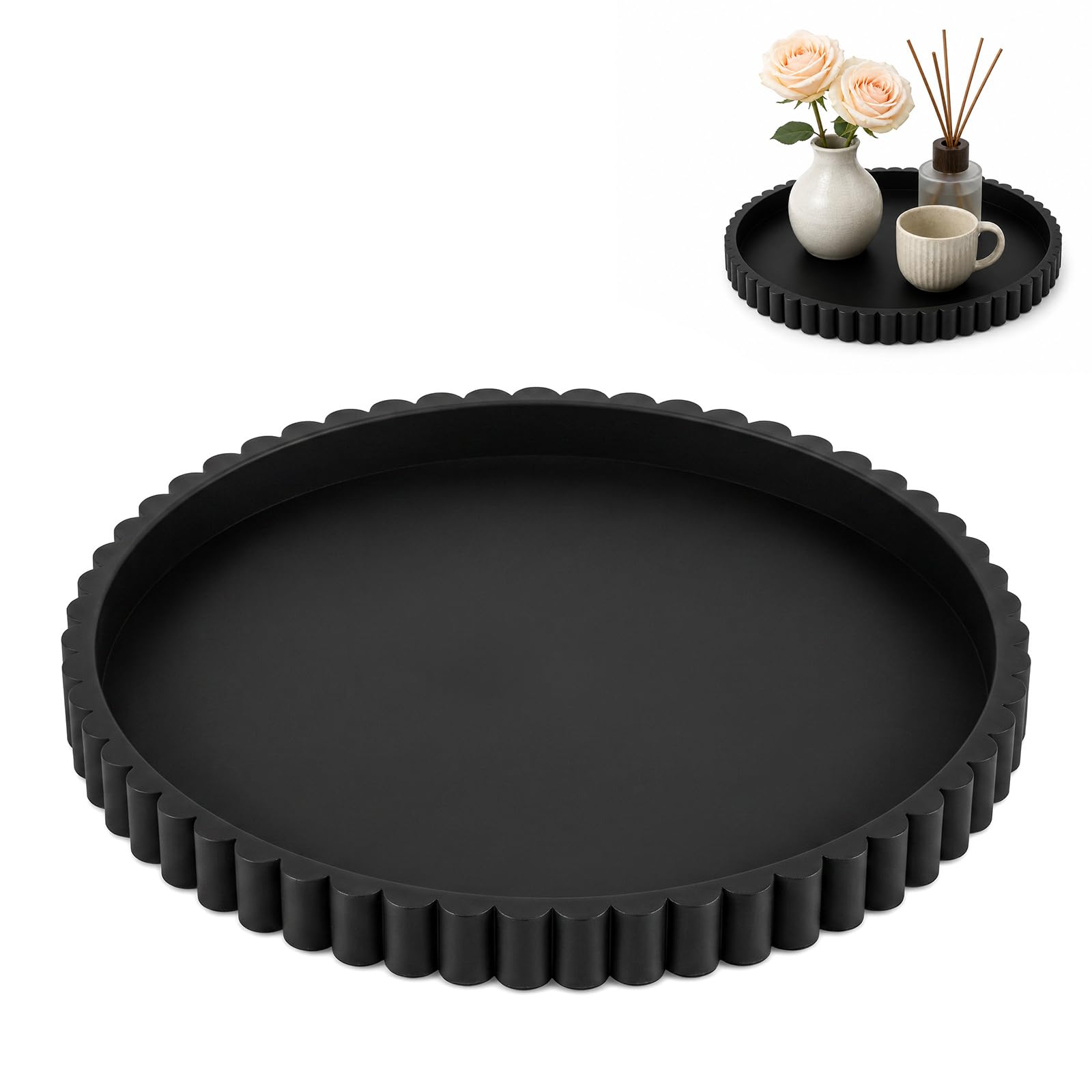 Silicone Round Black Tray Scalloped Edge Non-Slip 23cm for Bathroom