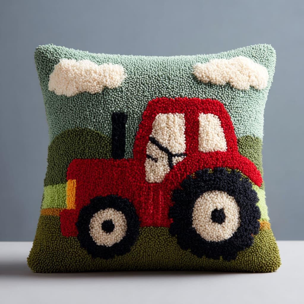 Taxpy Latch Hook Cushion Kits, Cartoon Tractor Pillow Case Rug Cover DIY Needlework Embroidery Kits Handmade Cushion Kit 43x43cm