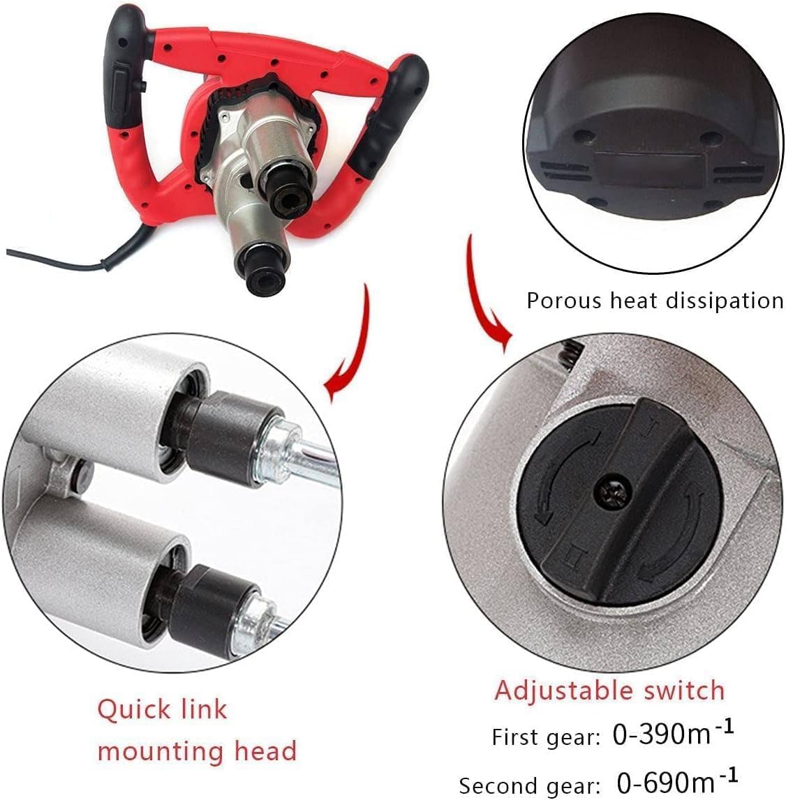 Agitatore elettrico per malta a doppia pala da 1800 W, 6 velocità regolabili (alta/bassa), per mescolare fango, cemento, malta, vernice, foraggio.