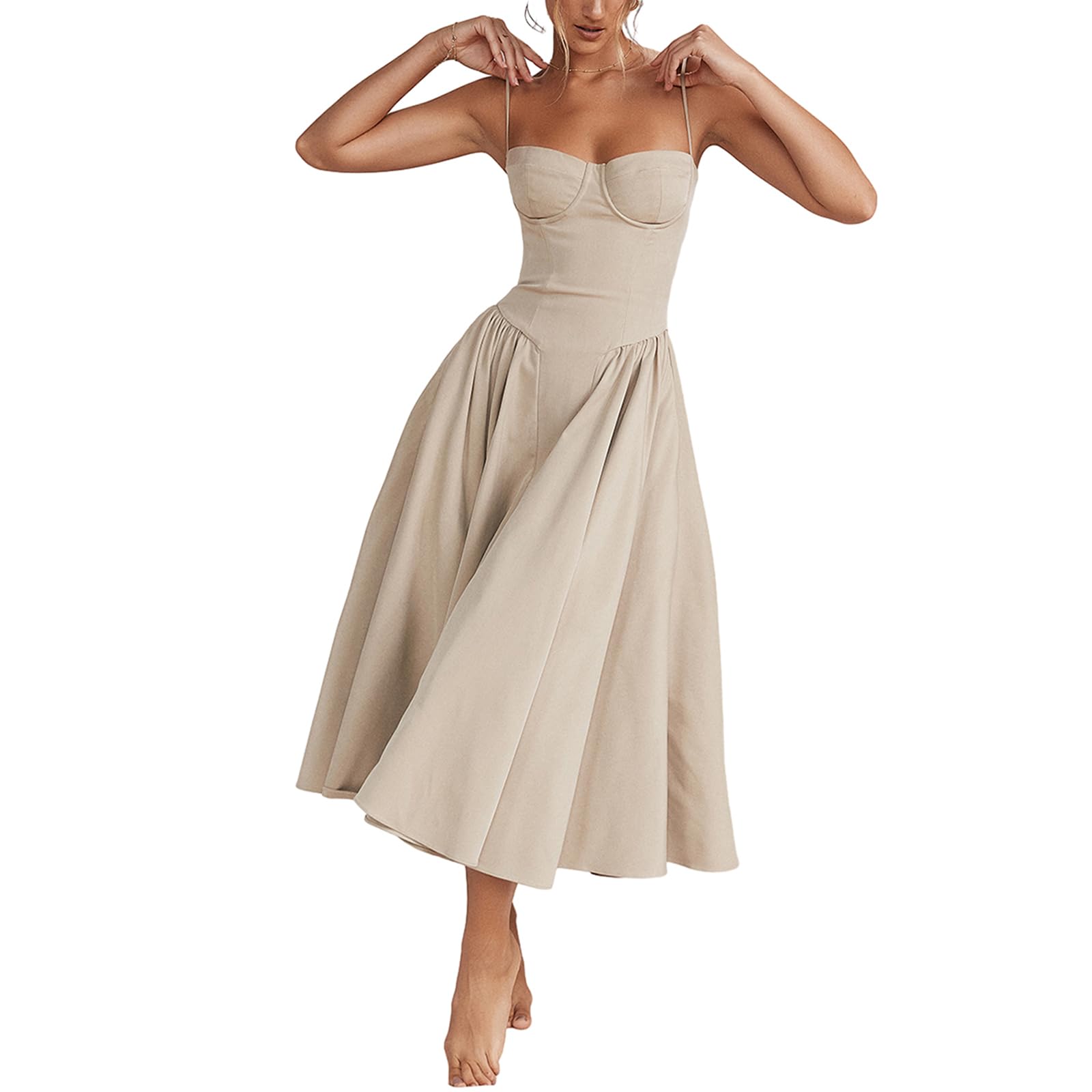 XIXIMAON Vestido Mujer Sexy Elegante de Fiesta Maxi Vestido Ajustado sin Manga Vestido Largo de Tirantes para Verano Vestido de Corsé y Corte Bajo con Línea A para Cóctel Banquete Boda Cita
