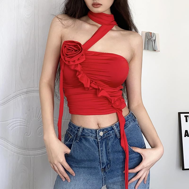 SIQITECHNO Womens Sexy 3D Flower Rosette Asymmetrical Hem Ruffled Tube Top Backless Pleated Bandeau Tank Top Crop Halter Tops - Image 6