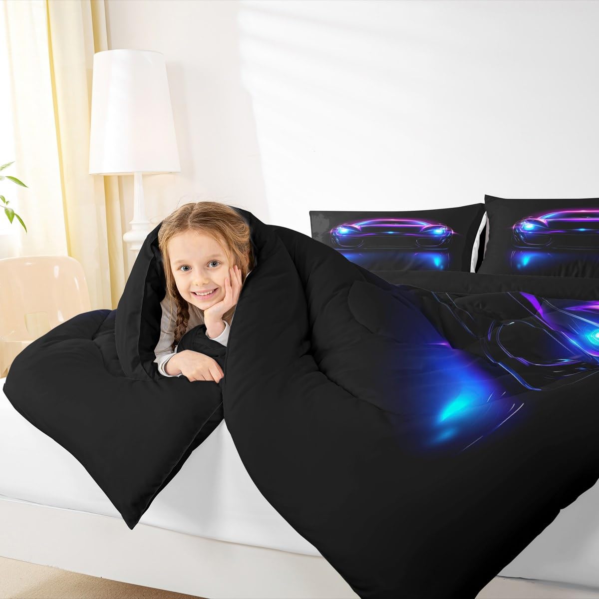 Erosebridal Neon-Bettwäsche-Set für Kinder, Aquarell-Autos, Bettdecken-Set für Kinderzimmer, Retro-Speed-Rennwagen, Hot Pink, Sport-Rennspiele, Steppdecke, Lila, Blau und Schwarz