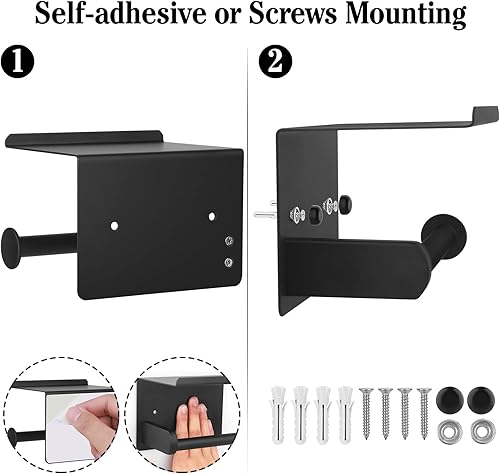 Miniatura 5 de Soporte de papel higiénico, soporte de papel higiénico negro mate con estante, soporte de papel higiénico autoadhesivo con tornillo o soporte de