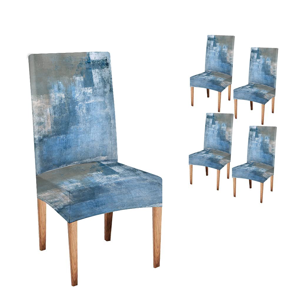 TOMWISH Printed Dining Chair Covers Stretch Spandex Removable Grey and Blue Abstract Art Dining Chair Protector Slipcovers Chair Covers for Dining Room Set of 4 Banquet Restaurant Kitchen Party Hotel
