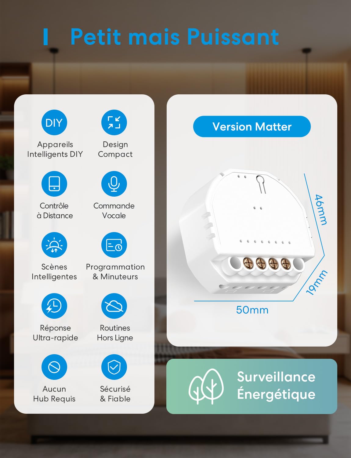 Meross Interrupteur Connecté Matter 60mm Fil Neutre Requis Commande Éclairage Suivi Conso Énergie Compatible Apple HomeKit Alexa Google Home