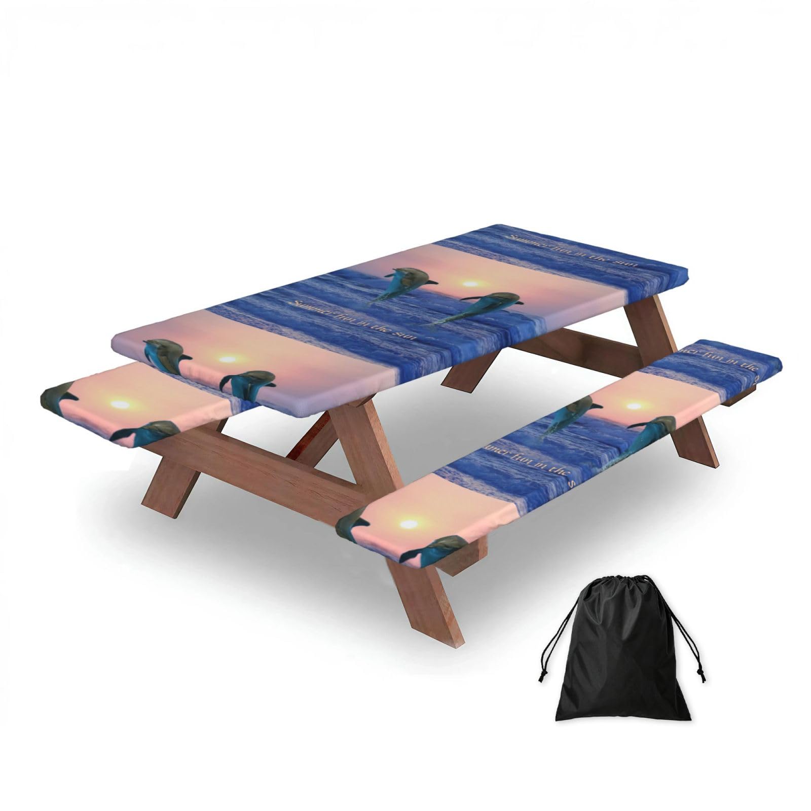 Dopklna As Picture Bottlenose Dolphin At Sunrise, Picnic Table Cover With Bench Covers -Waterproof Elastic Fitted Tablecloth For Garden Camping Patio 76X152cm