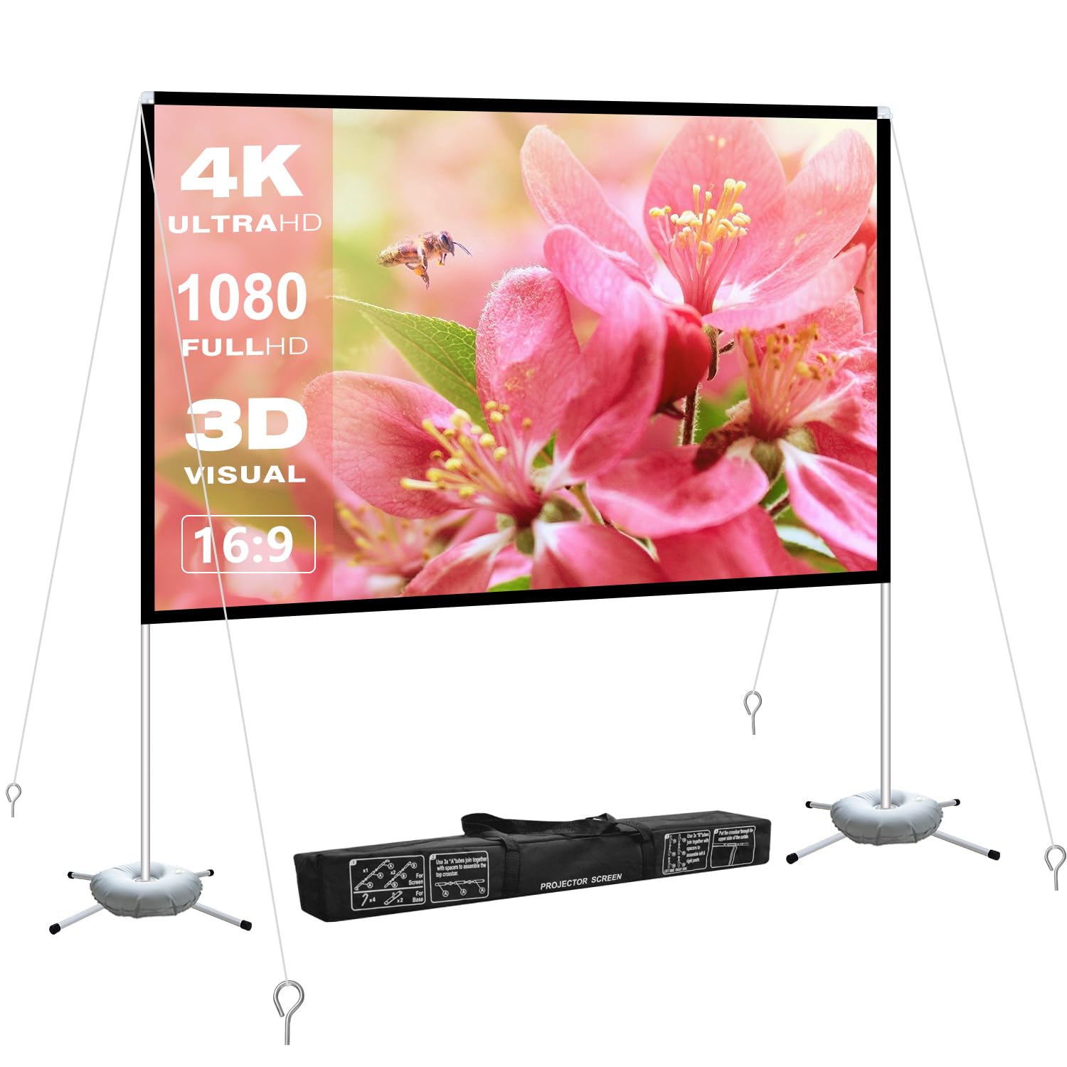 projector screen with stand 120 inch: foldable and portable projection screen 16:9 4k hd wrinkle-free lightweight movie screen with carry baghome theater backyard cinema