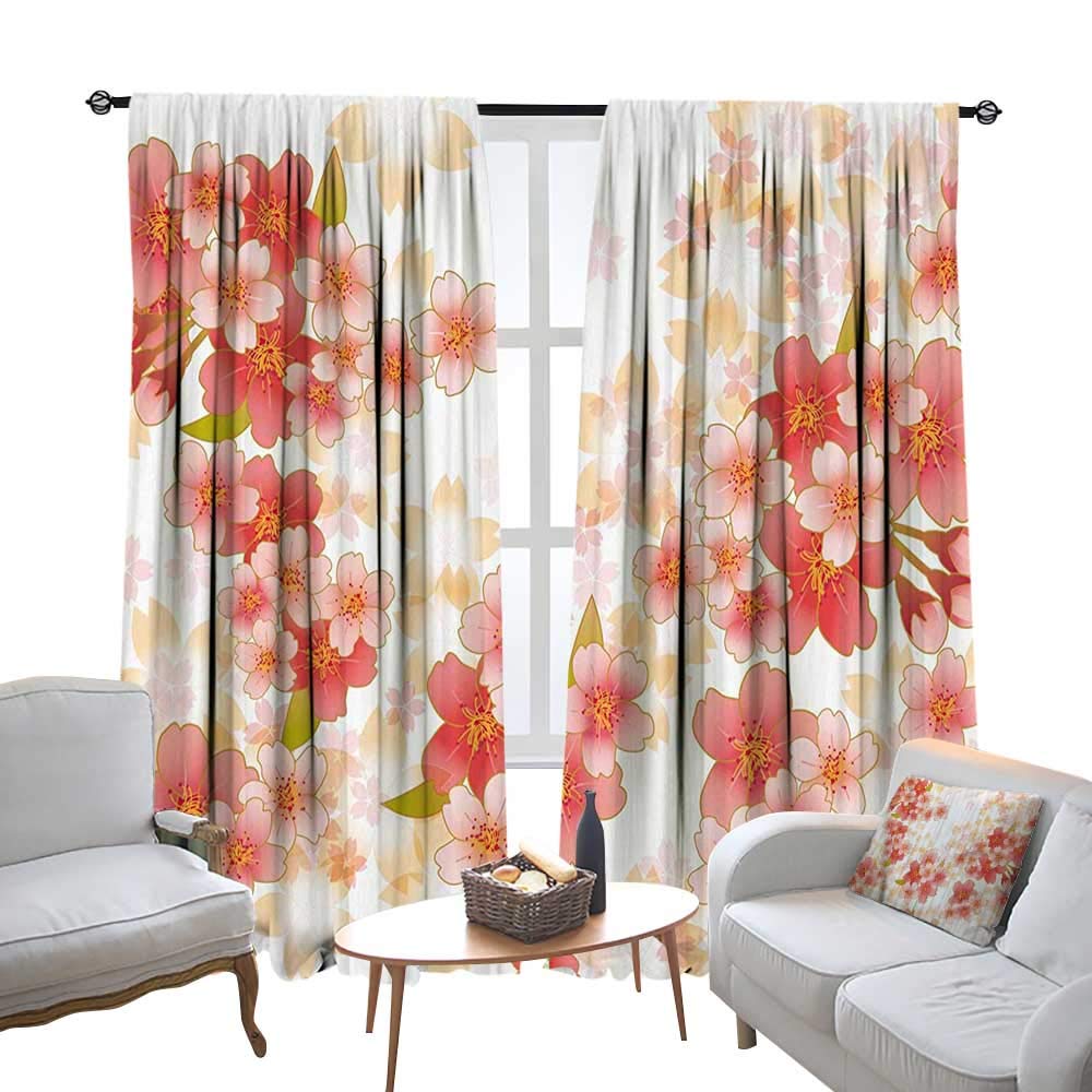 Floral Kitchen Curtains Japanese Sakura Flowers Cherry Blossoms in Vibrant Colors Illustration soundproof Curtains,Bedroom Window Drapes 2 Panel Set,108 W X 96 L Inches,Coral Dark Coral Yellow