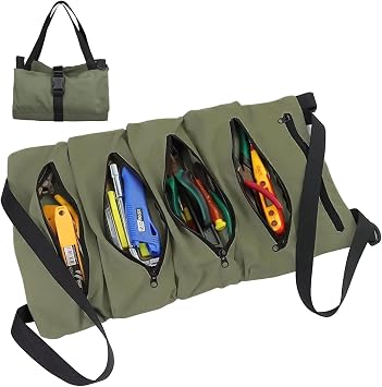 Tool Roll Bag,Canvas Tool Bag,Tool Box Organiser,Multi-Purpose Tools Box Organiser with 5 Zip Pockets,Work for Craftsmen,Plumbers,Electricians green