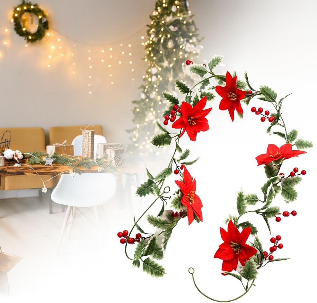 Guirlanda Natalina Artificial com Flores Vermelhas e Folhas Verdes 150cm – Decoração de Natal para Portas, Lareiras, Janelas e Árvores, Enfeite Clássico Festivo Reutilizável Guirlanda Natalina Artificial com Flores Vermelhas e Folhas Verdes 150cm – Decoração de Natal para Portas, Lareiras, Janelas e Árvores, Enfeite Clássico Festivo Reutilizável
