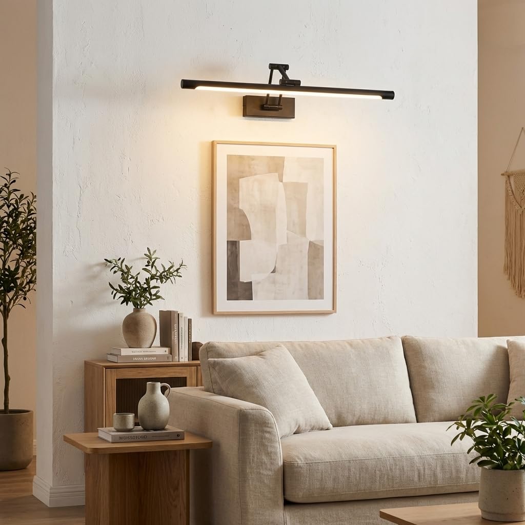 Alpinaluz Aplique LED para Cuadros 60 cm 12W en Aluminio Negro – Brazo Doble Articulado Orientable en 3 Ejes, Luz Cálida 2800K, Diseño Moderno Elegante para Iluminación Interior en Estudio y Hogar