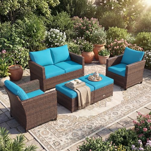 Tangkula 5 Pieces Rattan Patio Furniture Set, Outdoor Sectional Wicker