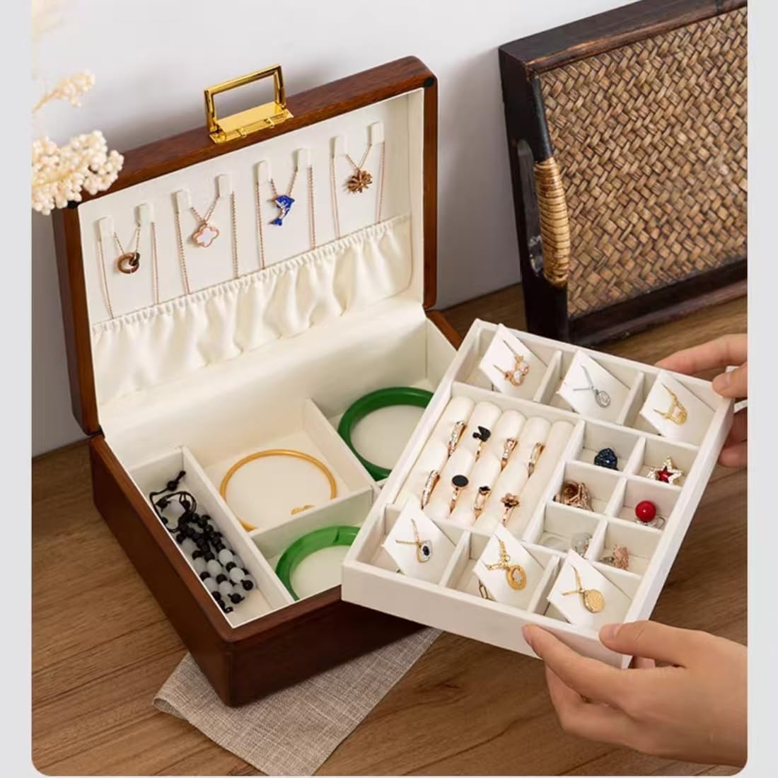 Bescott 2 Layer Solid Wooden Jewelry Box with Lock and Key for Women Men Vintage Velvet Wood Jewelry Organizer Storage for Earrings Rings Necklaces Bracelet Watch Mother’s Day Gift - Image 5