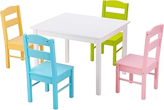 COSTWAY Kids Table and 4 Chairs, 5pcs Activity Playroom Furniture, Wooden Children Desk Chair Set for Preschool Girls Boys (White+Multicolor)