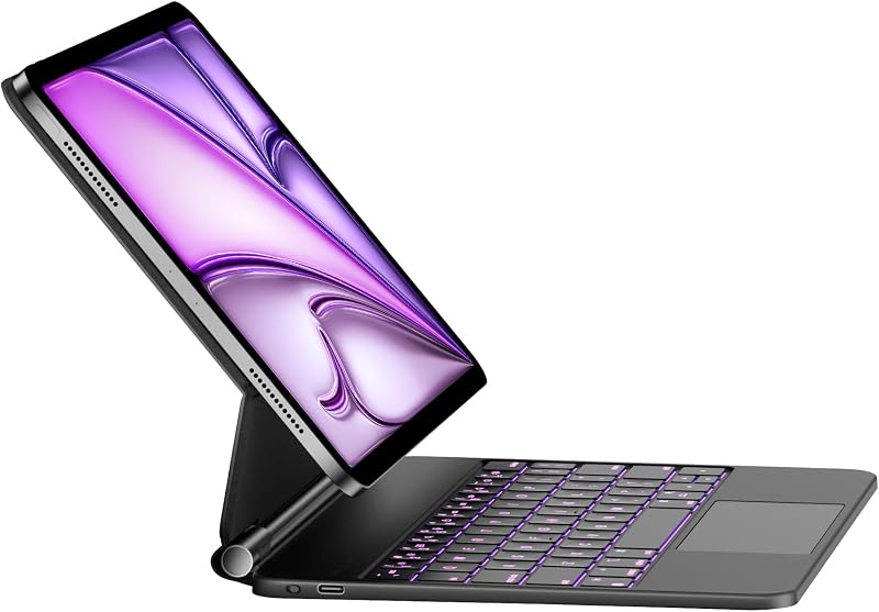 HOU iPad Air 11/Pro 11 Billentyűzetes Tok - 7 Színű Háttérvilágítás, Touchpad, QWERTZ, Bluetooth, Állítható Szög, Vékony Dizájn, Fekete