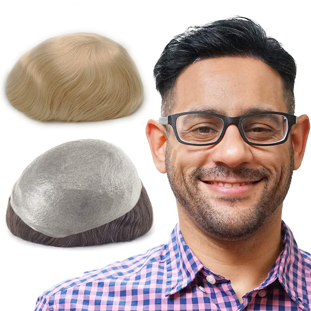 Lordhair Toupee for Men with 100% European human hair 8x10 inch Hairpiece for Men 0.06mm Super Thin Skin Hairsystem All V-looped Mens Toupee (Light Blond 22#)