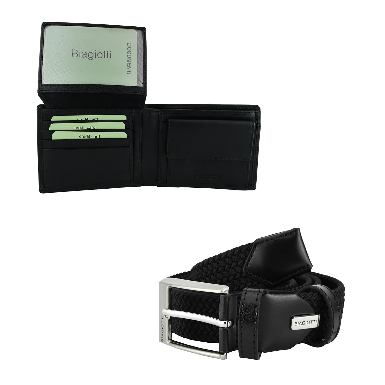 Biagiotti Herren Geschenkset – Leder-Geldbörse und elastischer Gürtel mit Ledereinsätzen, kürzbar