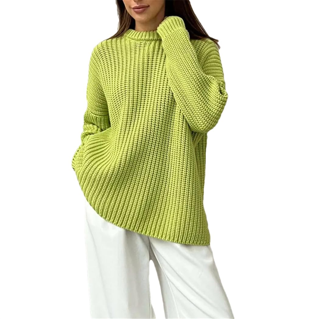 Damski sweter z dzianiny oversize z długim rękawem okrągły dekolt luźne grube swetry pulowery