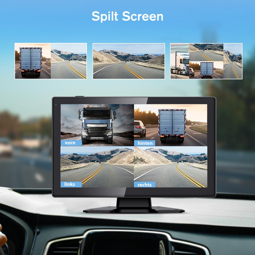 Junsun Rückfahrkamera 4 Kameras mit 10,1 Zoll Geteiltem Bildschirm HD Rückfahrmonitor für Auto, LKW, Bus & Wohnmobil, Rückfahrassistent, Dashcam