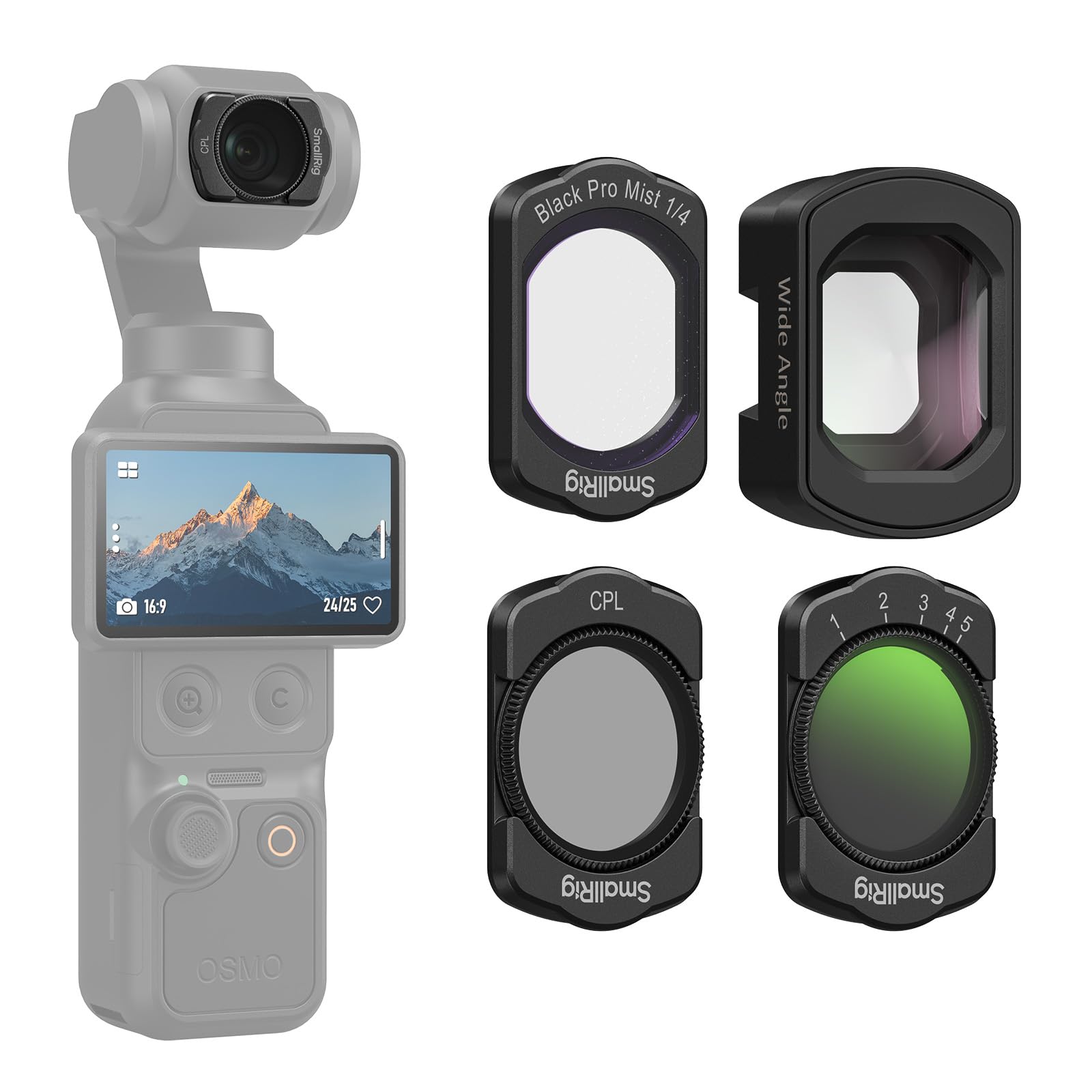 SmallRig Lente gran angular magnética, ND y CPL y filtro de efecto para DJI Osmo Pocket 3 accesorios, paquete de 4 lentes gran angular CPL 1/4 de difusión negra variable ND2-32, vidrio óptico HD