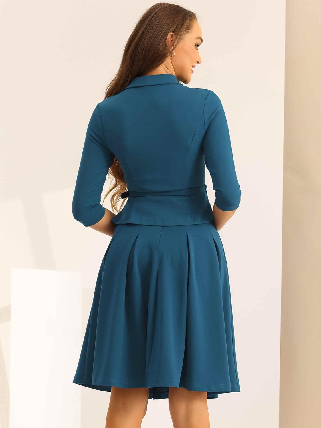 Allegra K Business Skirt Suit Sets for Women's 2 Piece Outfits Office 3/4 Sleeve Blazer Jacket Pleated Skirts - Image 4