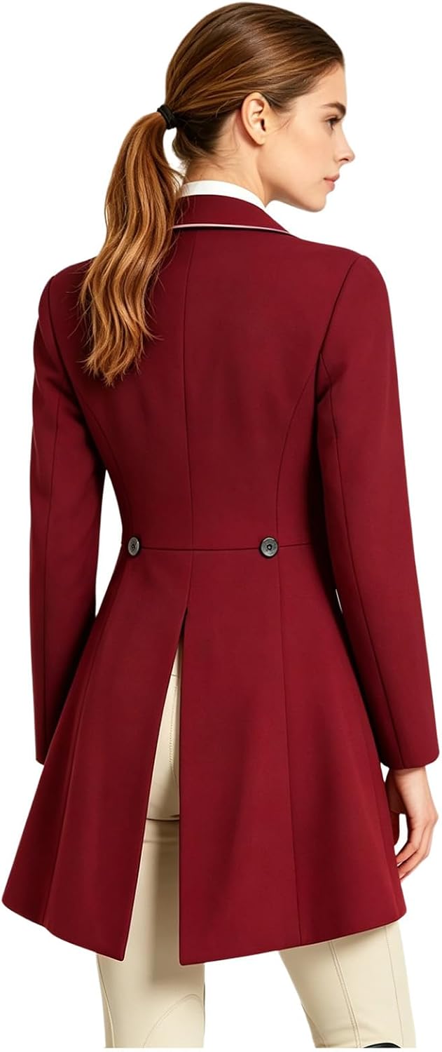 Women Long Tailcoat Sports Jacket Contrast Trim Training Wear Swallowtail Suit Swallow Tail Coat