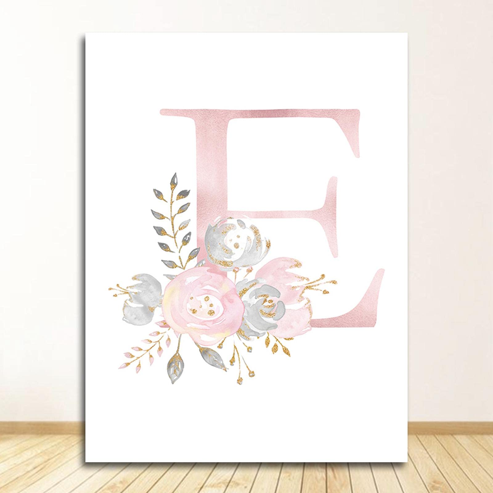 Carteles de letra E en inglés rosa con diseño de nombre de bebé, pintura personalizada, imágenes de flores, decoración de pared para habitación de niñas, impresiones personalizadas, 70 x 100 cm, sin