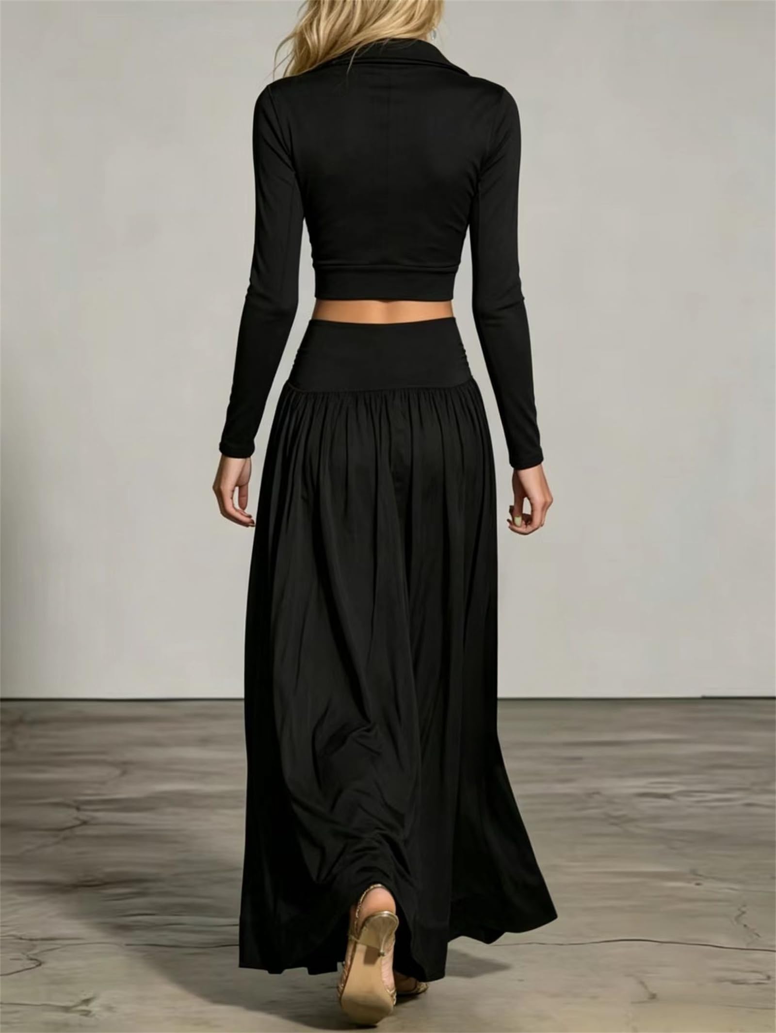 Ensemble Femme Crop Top Zippé Manches Longues Et Jupe Longue