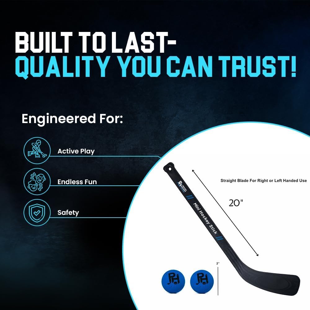 Premier Sports – Bundle Mini Hockey Set – 4-Player Indoor Kit with (2) Mini Goals, (4) Mini Sticks, and (2) Foam Balls + 12-Pack All-Weather Street Hockey Balls